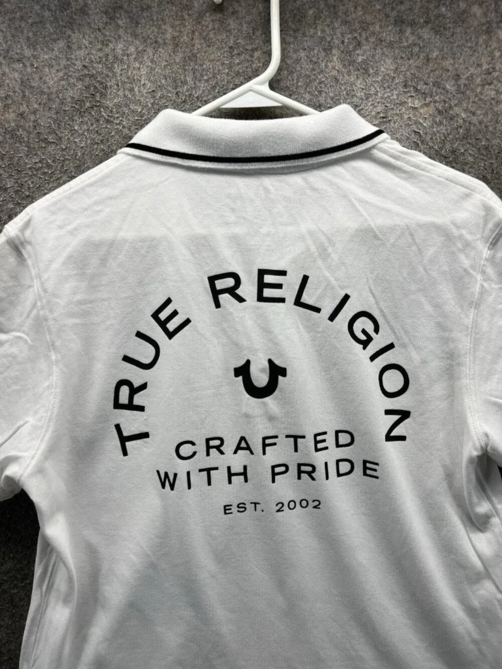 True Religion Polo Shirt Men Medium White Tipped Collar Logo Short Sleeve Casual